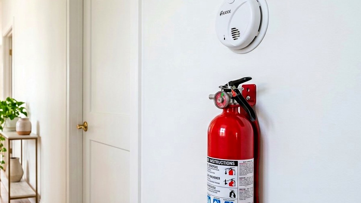 Smoke alarm, smart hub and fire extinguisher styled on a kitchen counter