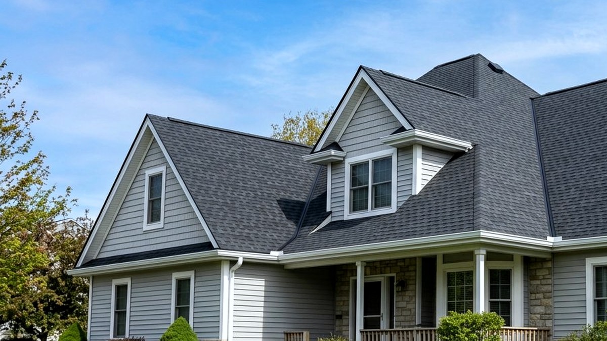 Residential roof with new shingles and solar panels installed together