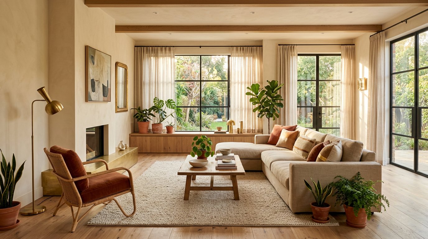 Brightly renovated living room with oak flooring, linen sofa and large windows