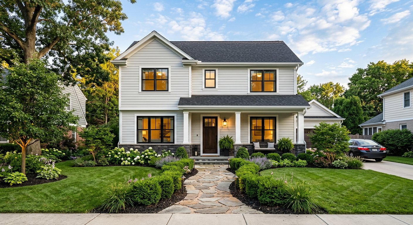 Renovated home facade with manicured front garden and stone path