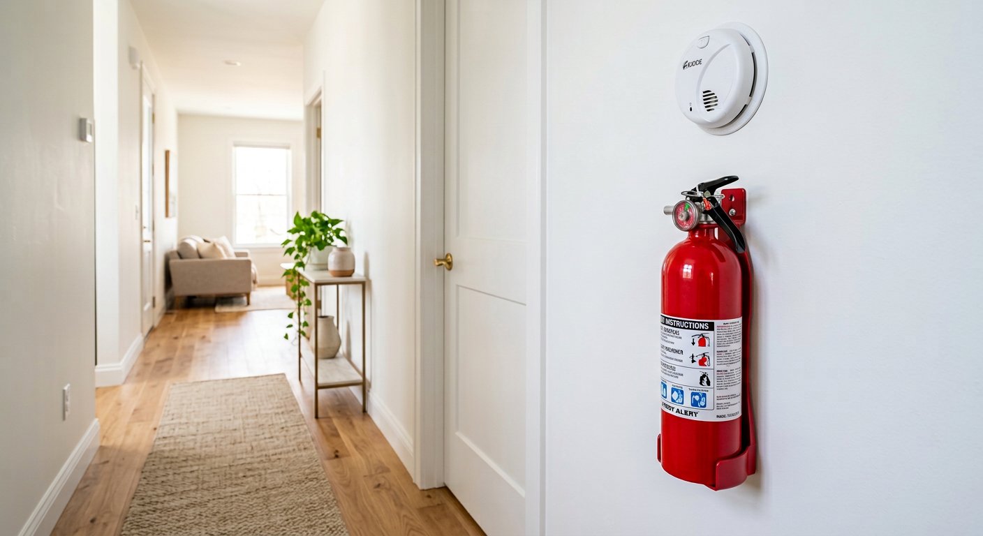 Smoke detector and fire extinguisher mounted in a bright hallway