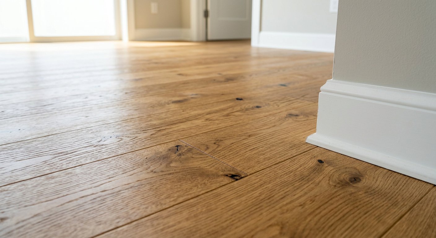 Wide plank oak flooring in a sunlit renovated room