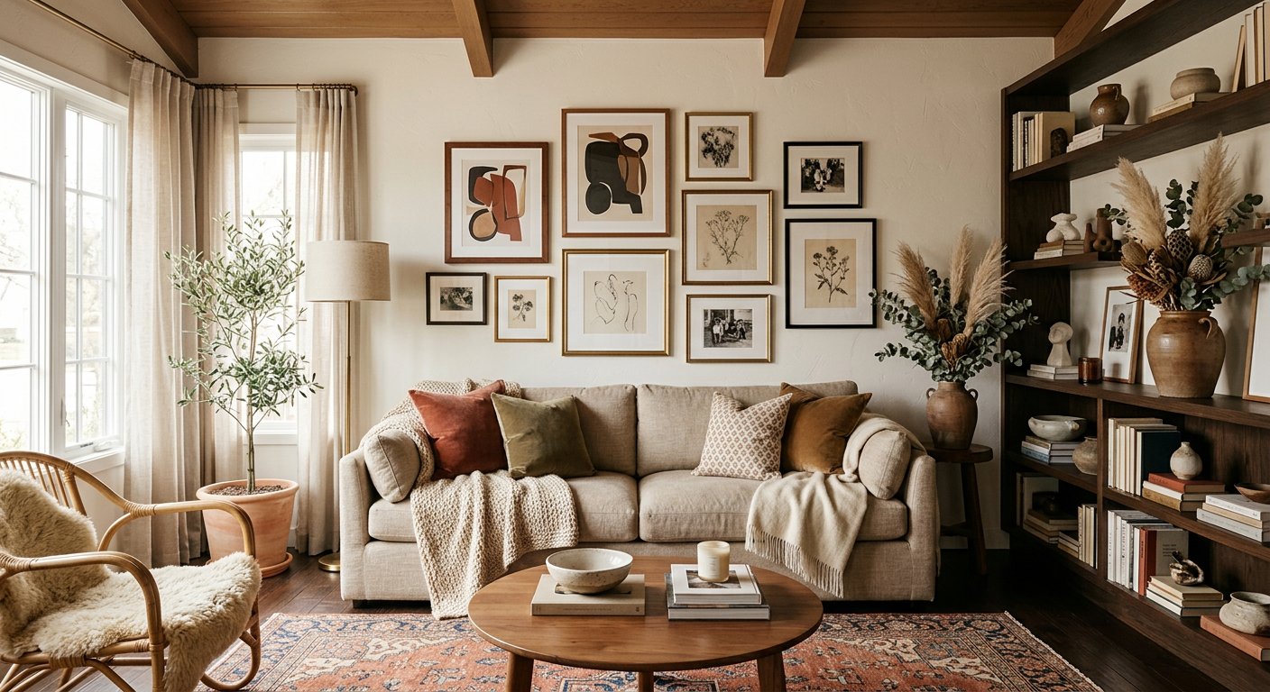 Styled living space with layered textiles and warm neutral decor