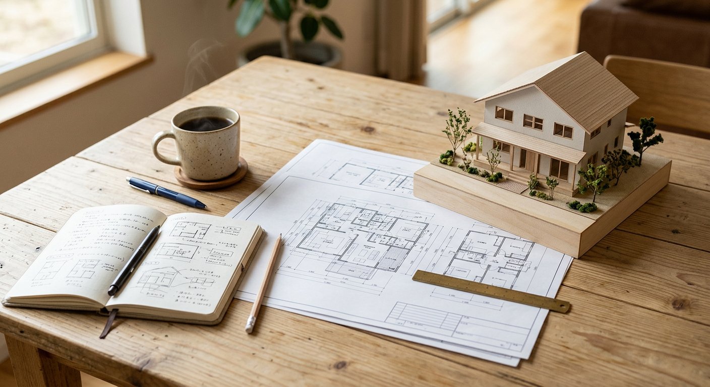 Renovation blueprints and a small model house on a planning desk