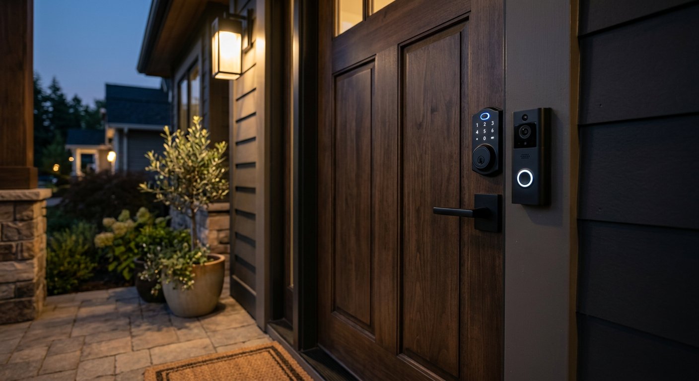 Smart video doorbell and smart lock fitted to a front door