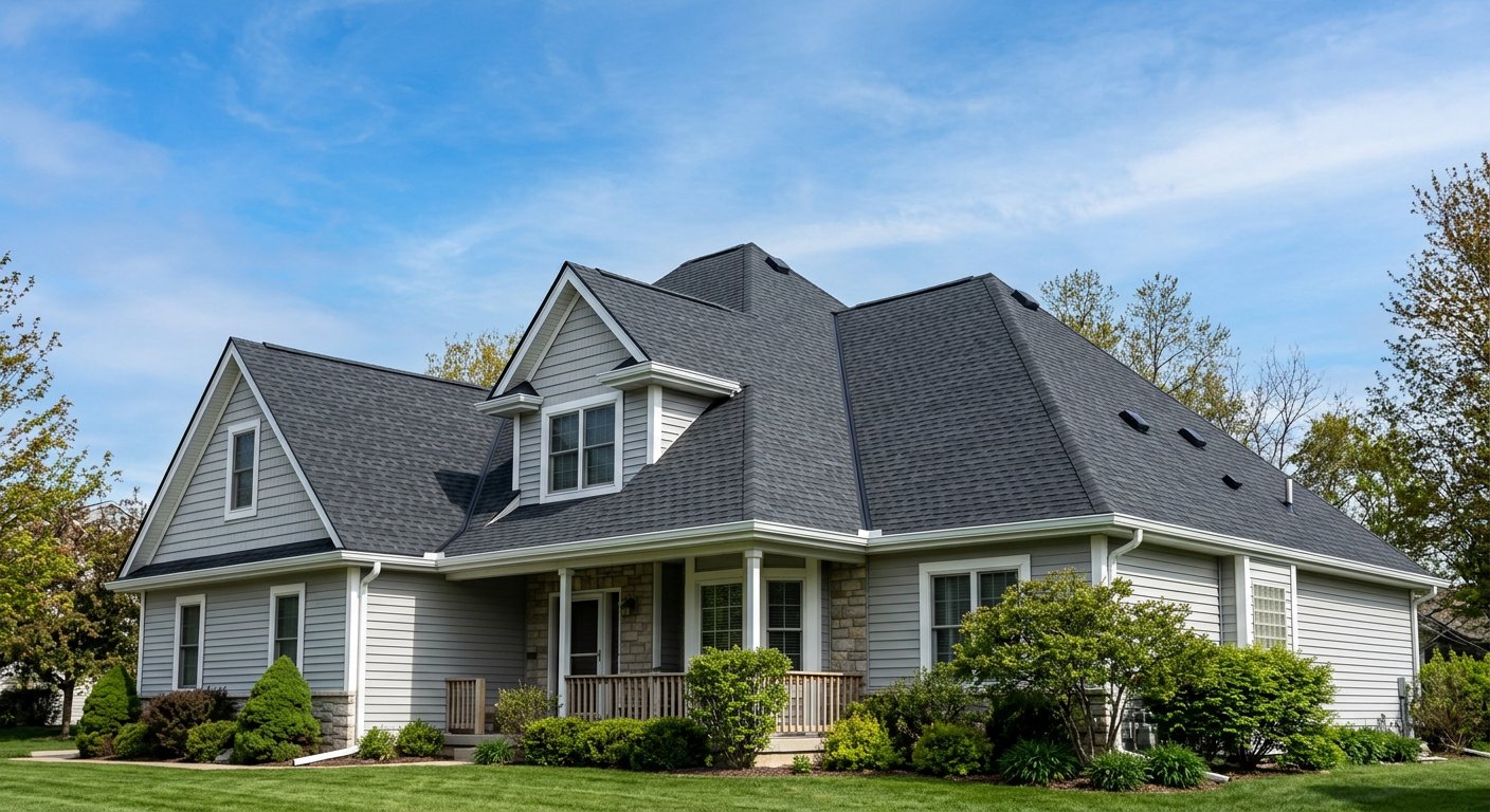Newly installed architectural shingle roof against a blue sky
