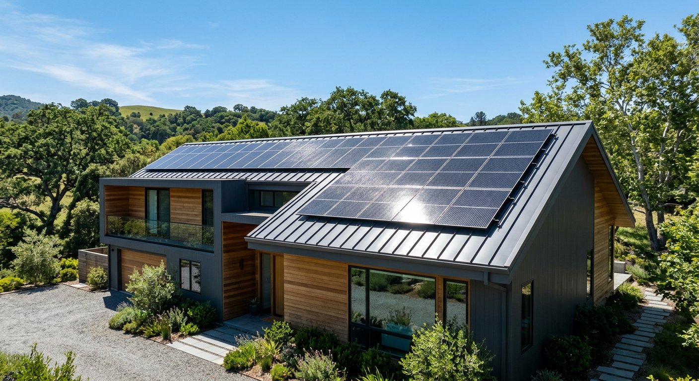 Solar panels installed on the roof of a modern home
