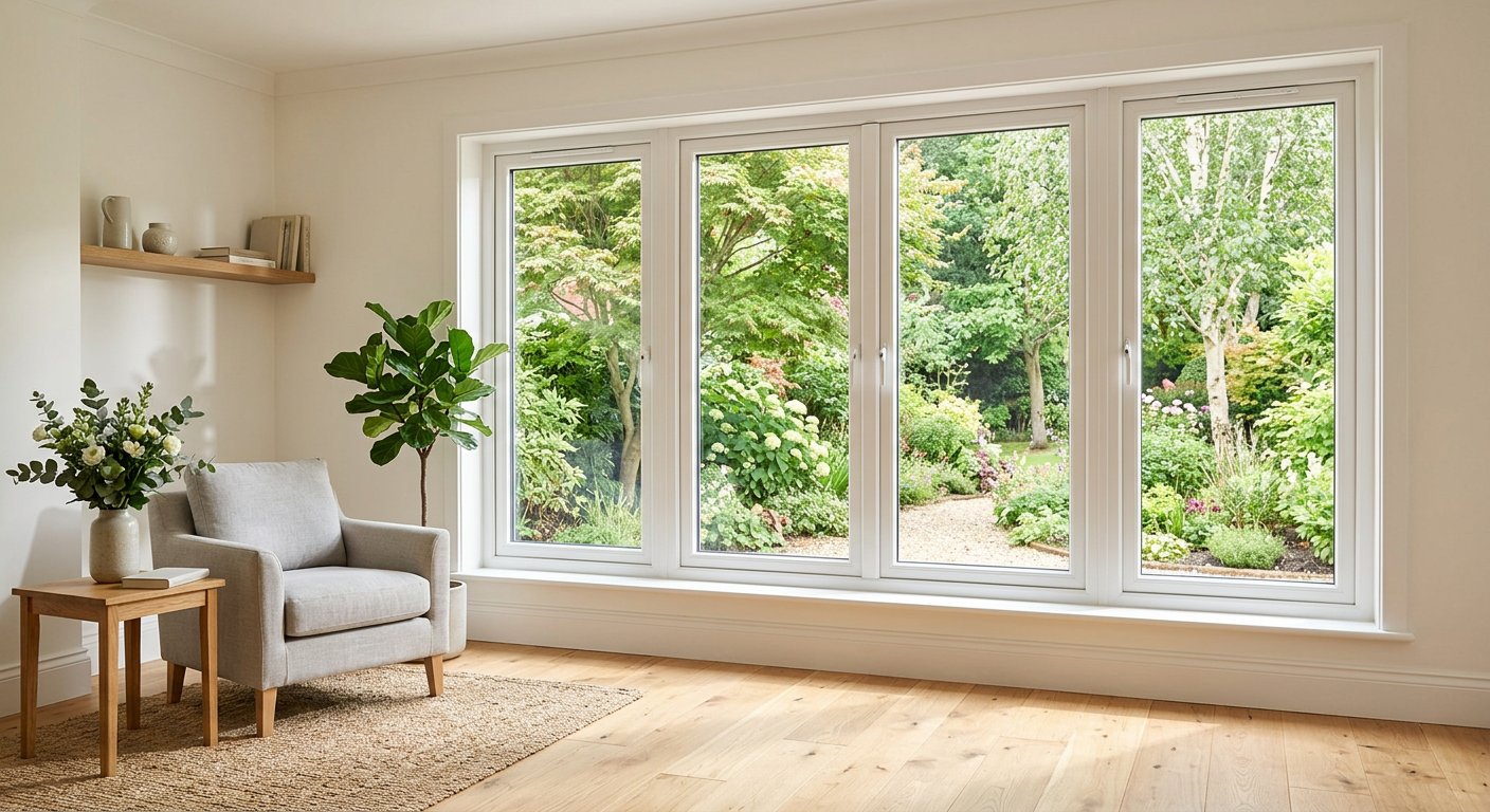 Newly fitted energy efficient windows in a bright room